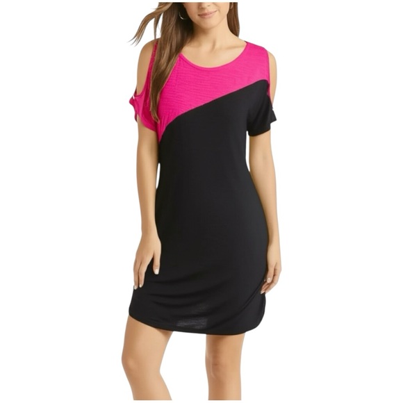 INC International Concepts Dresses & Skirts - Y2K INC Rhinestone Cold Shoulder Ruched Side Colorblock Mini Dress Pink Black MP